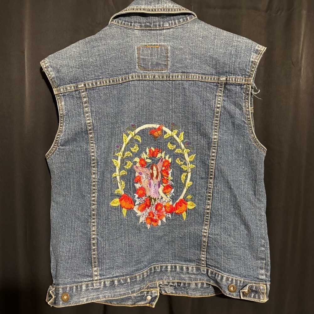 Vintage Levi's Denim Biker Jean Vest Jacket with Embroidered Tinkerbell S-M